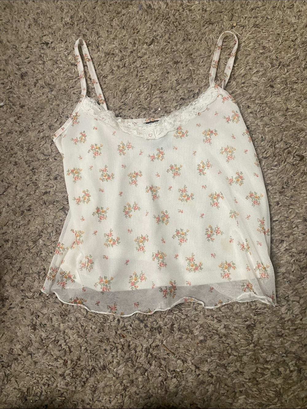Floral Lace-Trim White Camisole with Pink Bouquet Accents